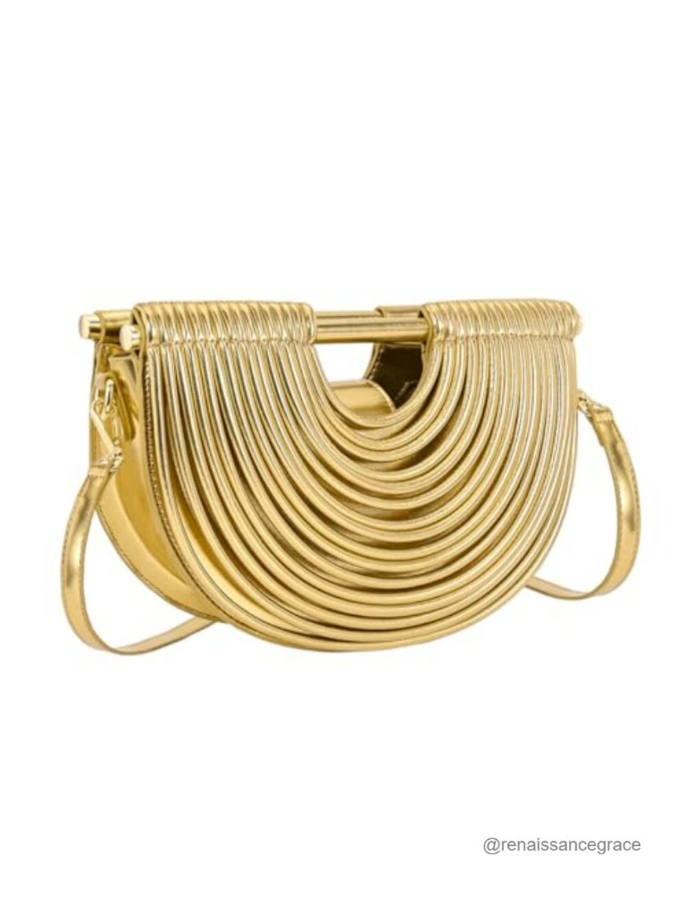 Women's Gold Faux Leather Half-Moon Clutch Handbag with Removable Strap